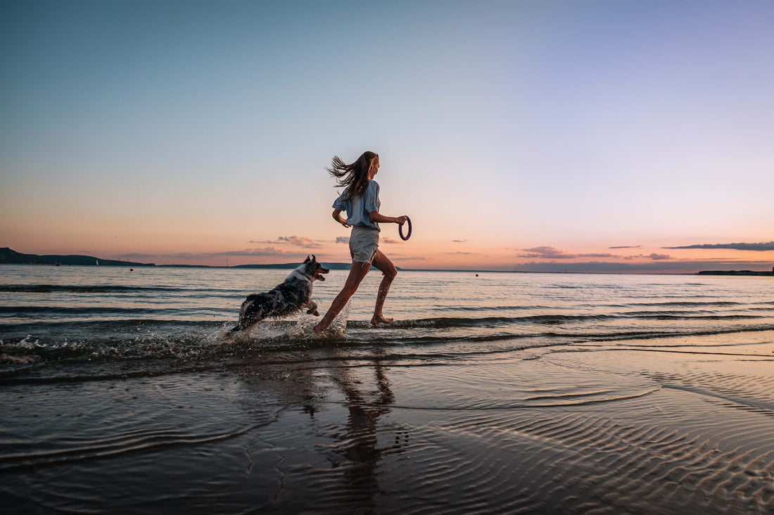 Woman runs along the shore with a frisbee and her dog.