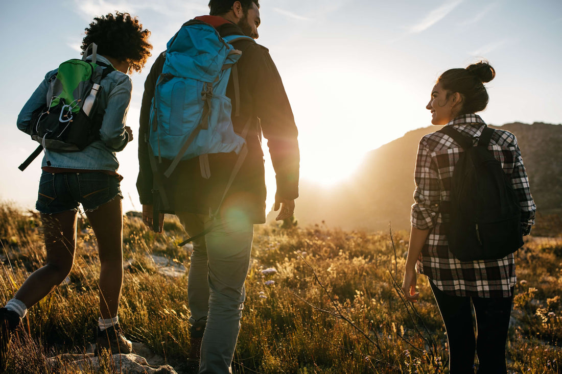A family takes a hike while on vacation.