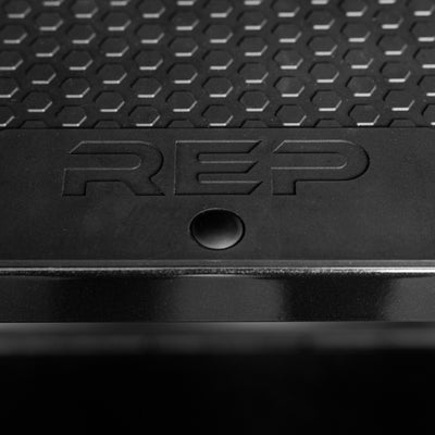 Close-up shot of the REP Fitness branding on the Kettlebell Rack 2.0 liner