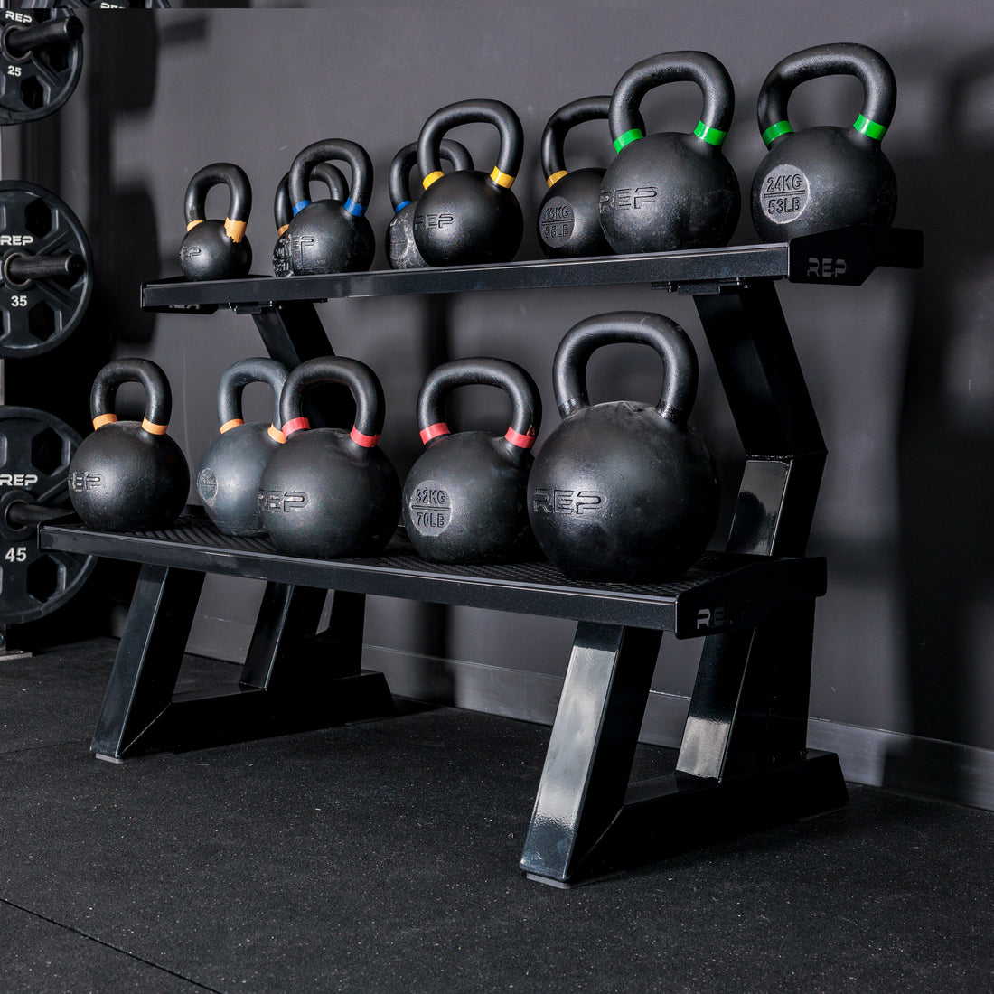 REP Fitness 2-Tier Kettlebell Rack 2.0 loaded with Kettlebells