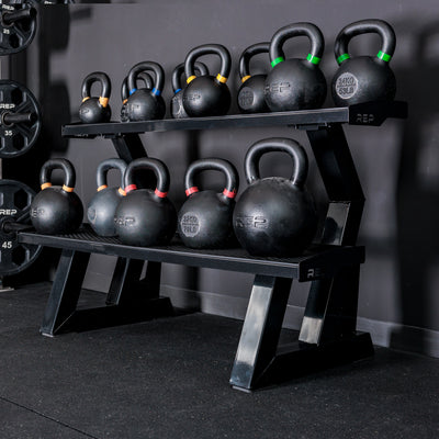 REP Fitness 2-Tier Kettlebell Rack 2.0 loaded with Kettlebells
