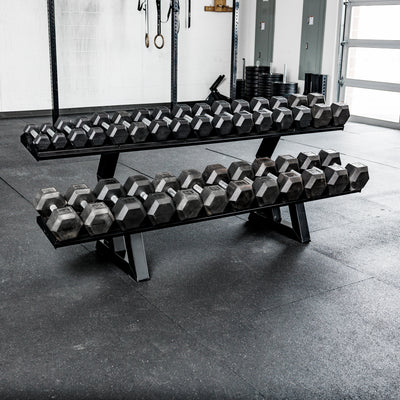 REP Fitness 2-Tier Commercial Dumbbell Rack loaded with Hex dumbbells