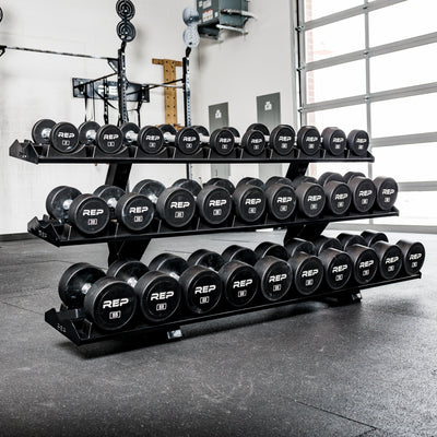 REP Fitness 3-Tier Commercial Dumbbell Rack loaded with round dumbbells