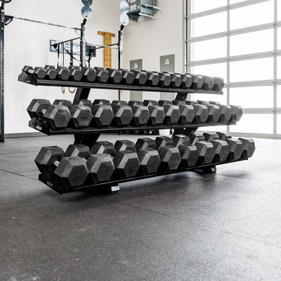 REP Fitness 3-Tier Commercial Dumbbell Rack loaded with Hex dumbbells