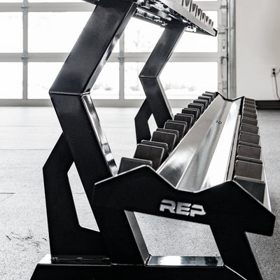 Side profile of the REP Fitness 2-Tier Commercial Dumbbell Rack for round dumbbells