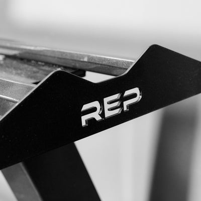 Close-up shot of the REP Fitness branding on the Dumbbell Rack 2.0