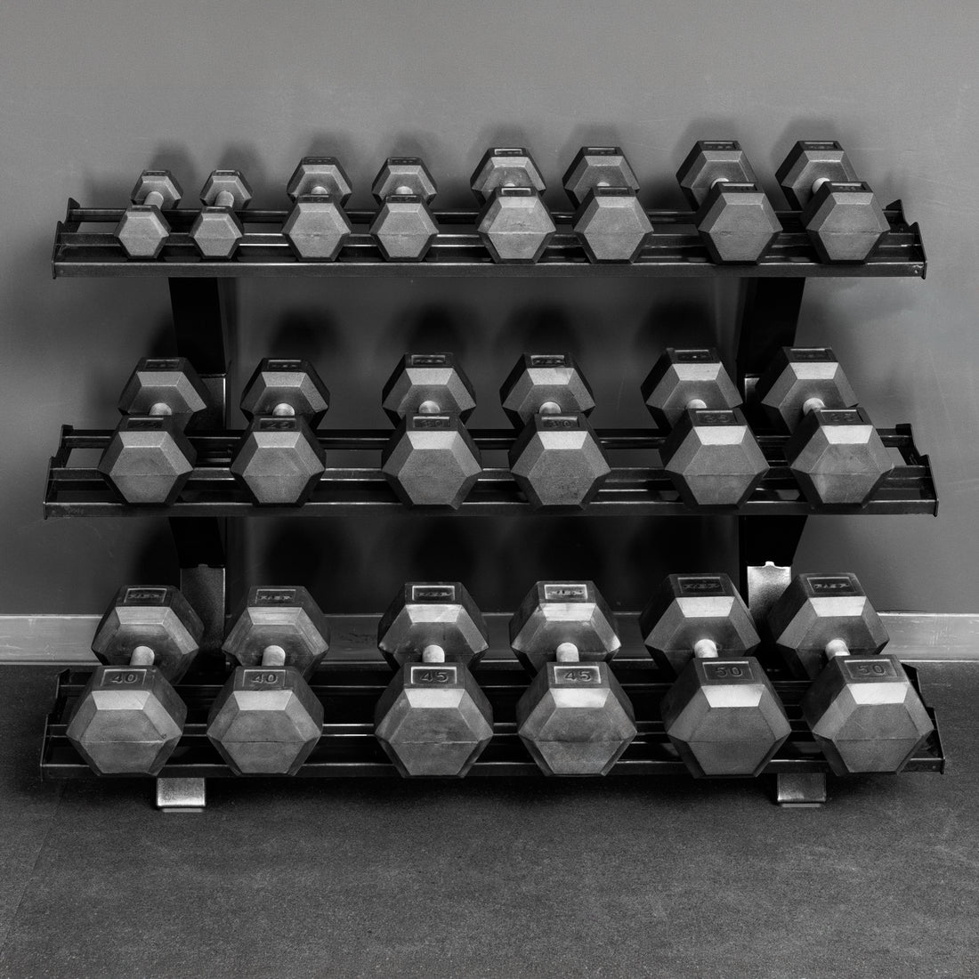 REP Fitness Dumbbell Rack 2.0 loaded with hex dumbbells