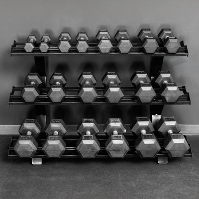 REP Fitness Dumbbell Rack 2.0 loaded with hex dumbbells