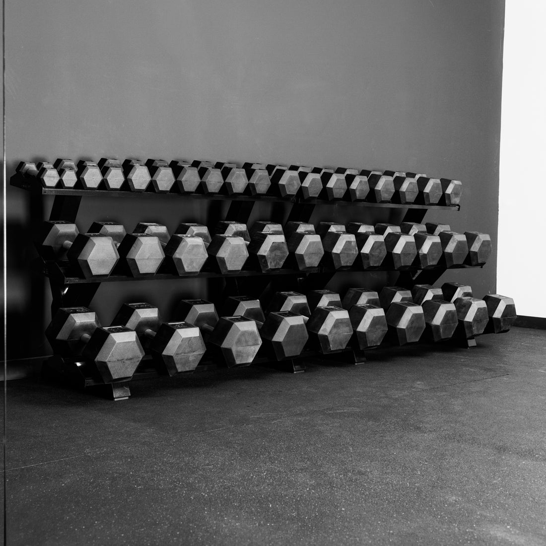 Two REP Fitness Dumbbell Rack 2.0's loaded with hex dumbbells