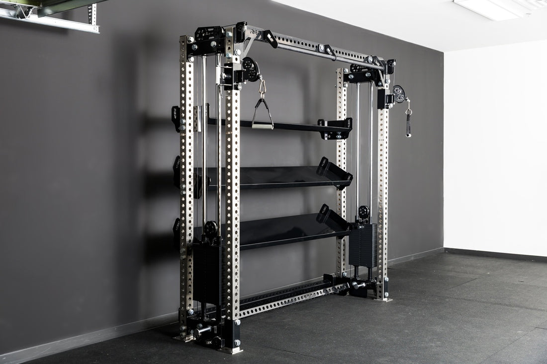 A REP Fitness functional trainer with 82" Dumbbell & Kettlebell Shelves installed