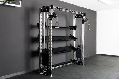 A REP Fitness functional trainer with 82" Dumbbell & Kettlebell Shelves installed