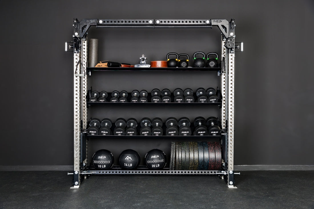 REP Fitness 82in Dumbbell & Kettlebell Shelves installed on a functional trainer
