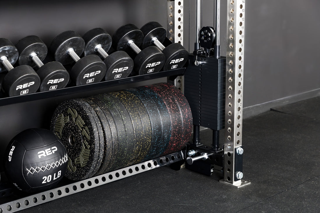 REP Fitness 82in Commercial Medicine Ball and Bumper Plate Shelf installed on 5000 series uprights