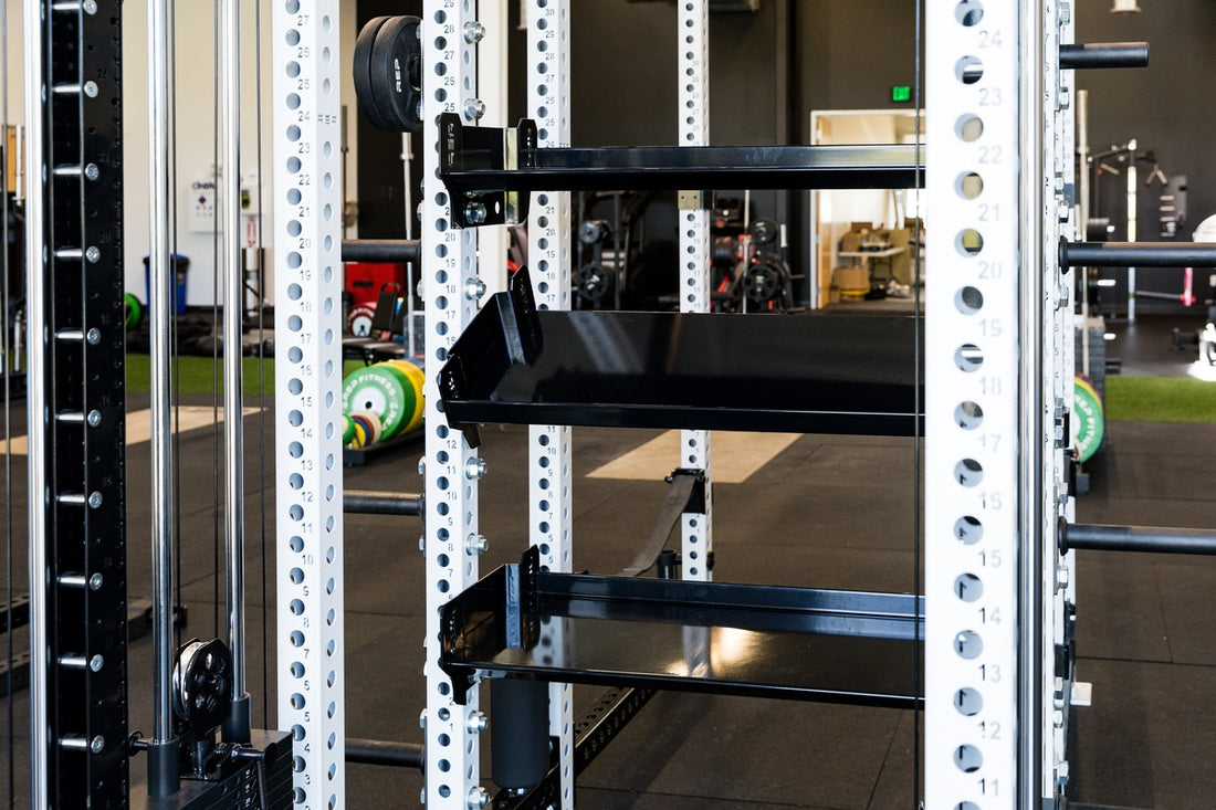 Empty REP Fitness 41in Dumbbell & Kettlebell Shelf installed on a 5000 Series rack