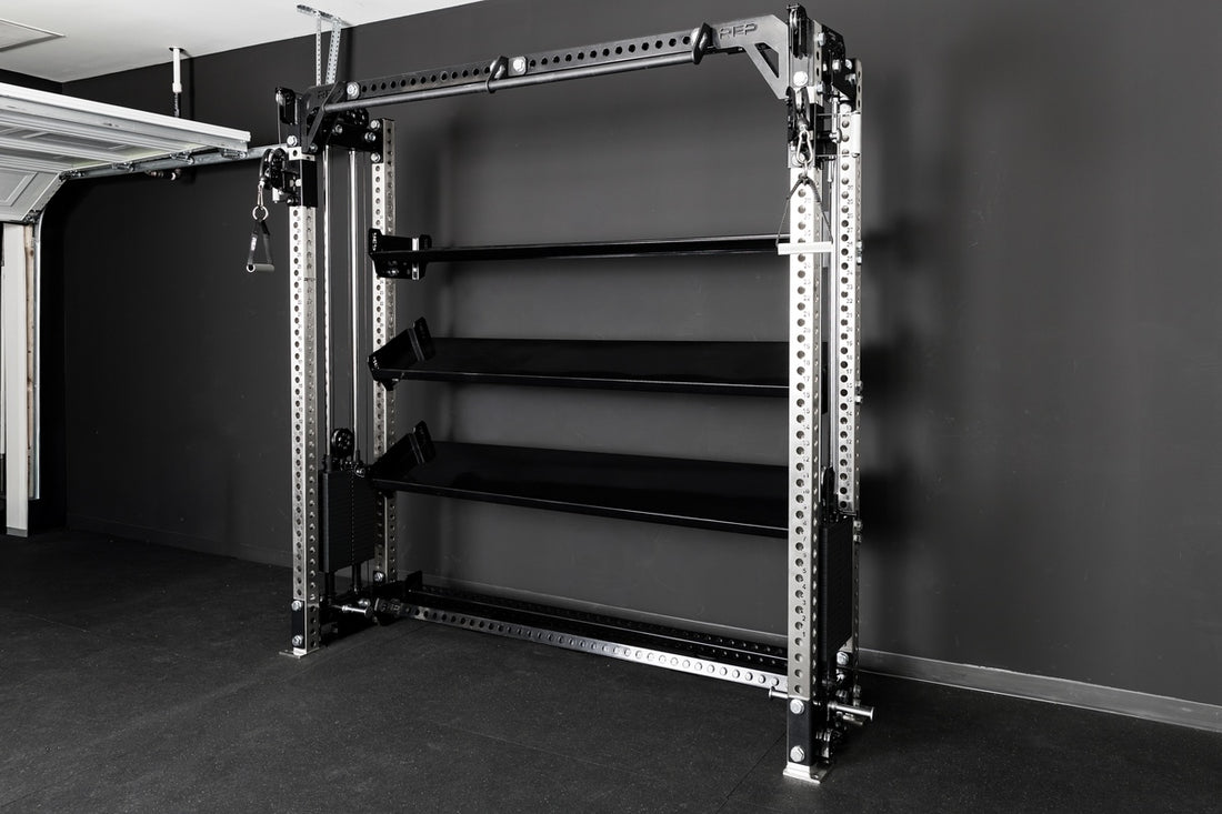 REP Fitness functional trainer with 82in Commercial Medicine Ball and Bumper Plate Shelves installed