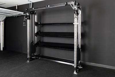 REP Fitness functional trainer with 82in Commercial Medicine Ball and Bumper Plate Shelves installed