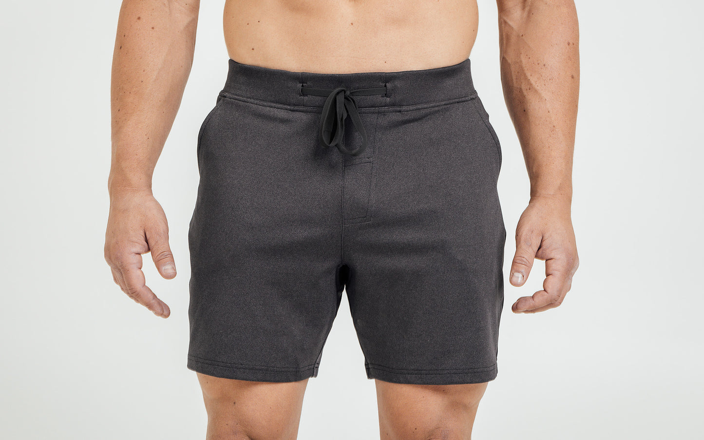 The REP Fitness Men's Versa Shorts in Heather Black on body