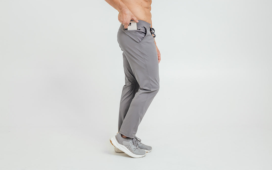 The REP Fitness Men's Felix Pants in Cool Gray on body, pocket detail