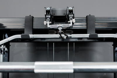 Close-up of the safeties 2-to-1 connector on the REP Fitness Altitude™ Power Rack Cable Attachment