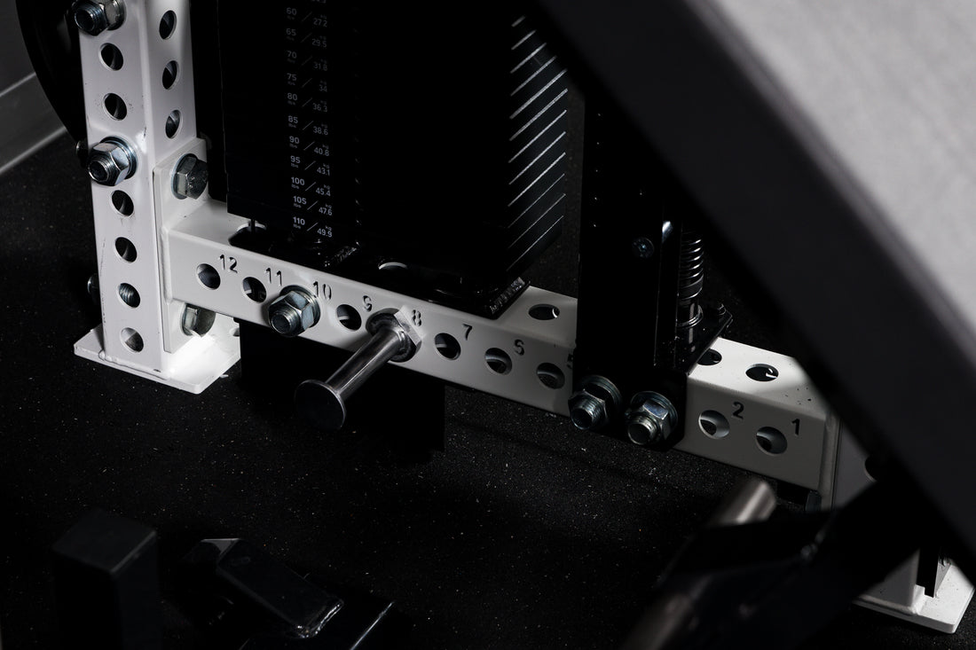 Close-up of the new 26" crossmember on the PR-5000 that allows both the Athena and Smith Machine Rack Attachment on a 4-Post rack.