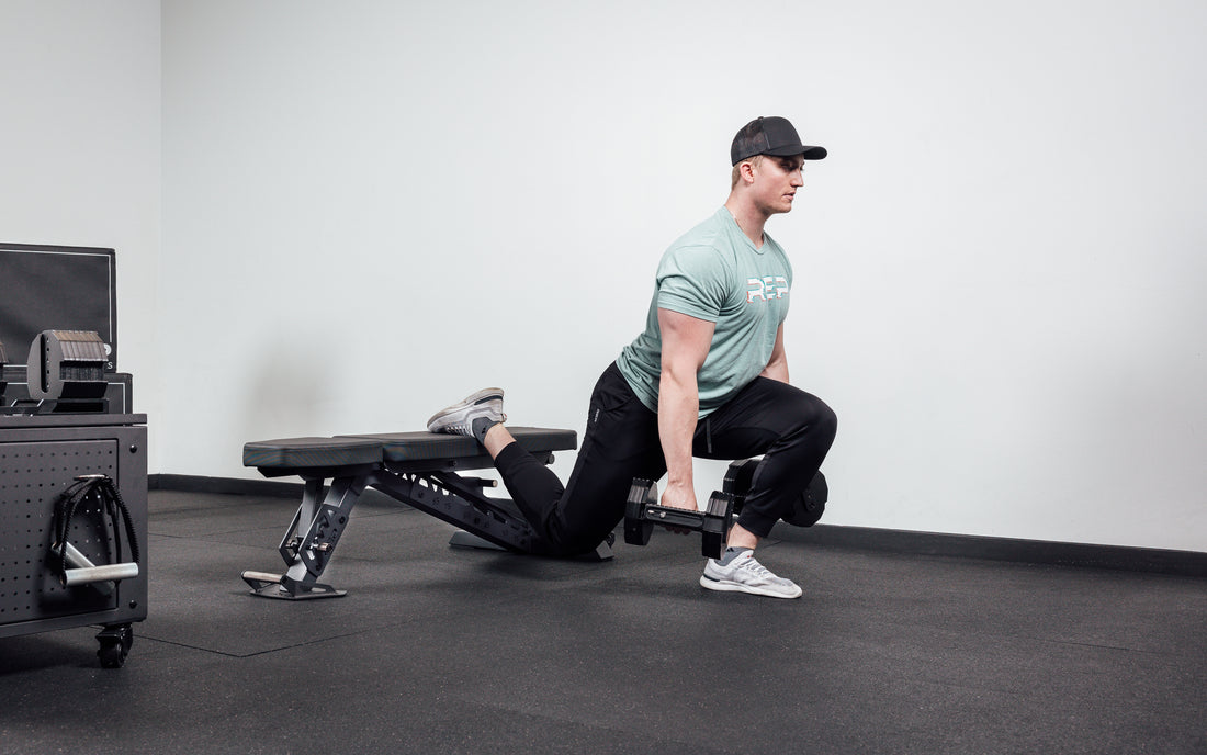Joe doing bulgarian split squats on bench