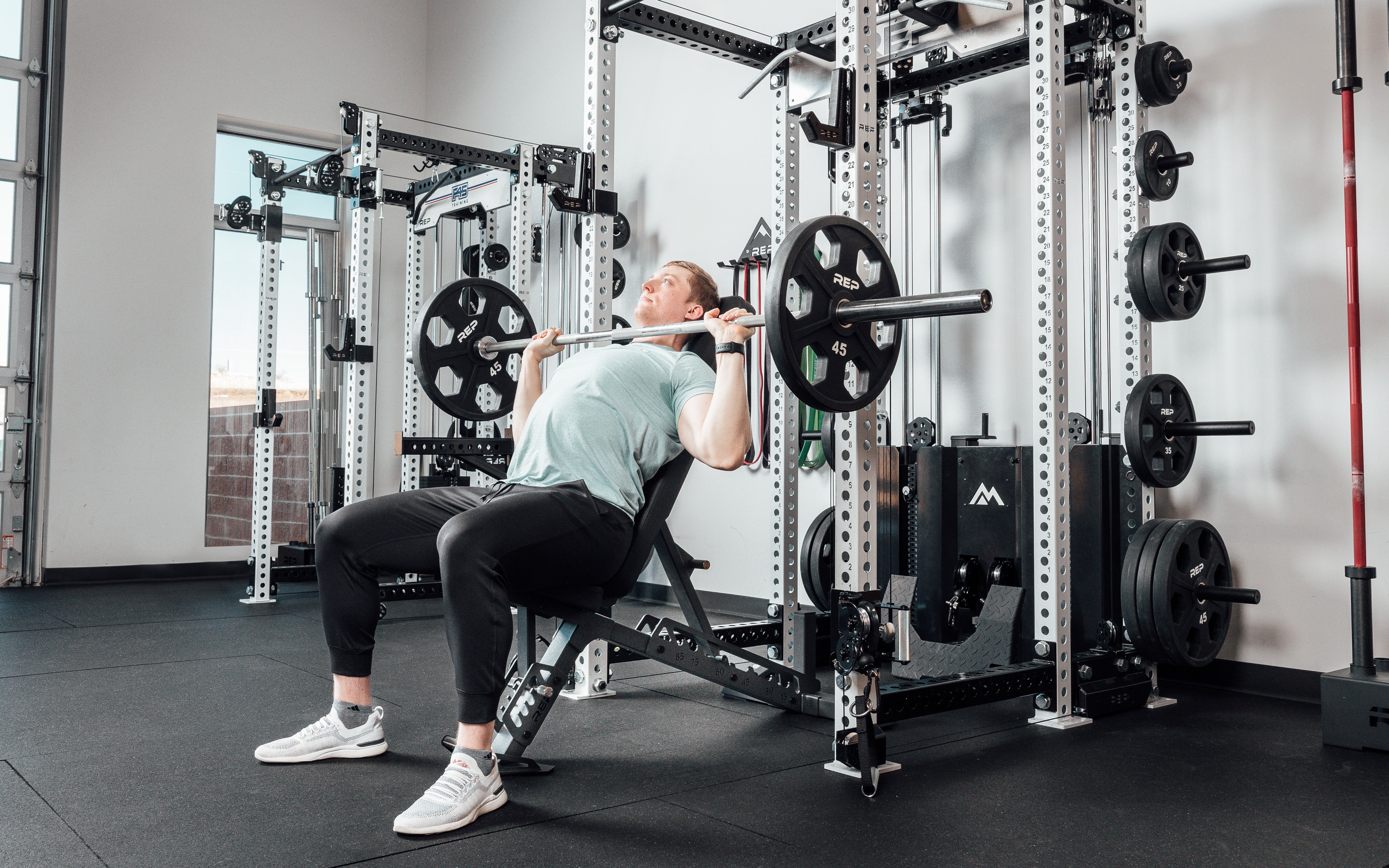 incline barbell bench press on bench with ares cable machine and pr-5000