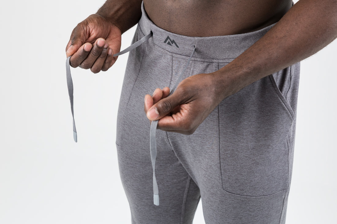 The REP Fitness Men's Apollo Joggers in Heather Cool Gray front, waistband detail
