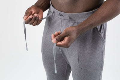 The REP Fitness Men's Apollo Joggers in Heather Cool Gray front, waistband detail