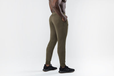 The REP Fitness Men's Attis Joggers in Heather Olive back, close-up, hand in pocket