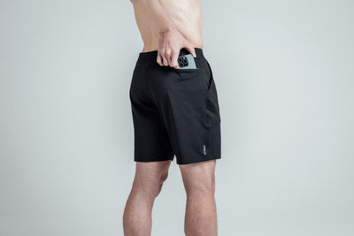 The REP Fitness Men's Apollo Shorts in Heather Black/Cool Gray back, pocket close-up