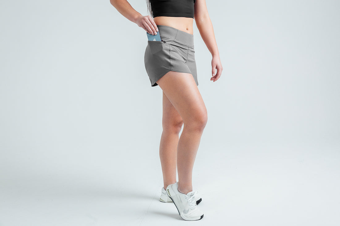The REP Fitness Women's Artemis Shorts in Cool Gray on body