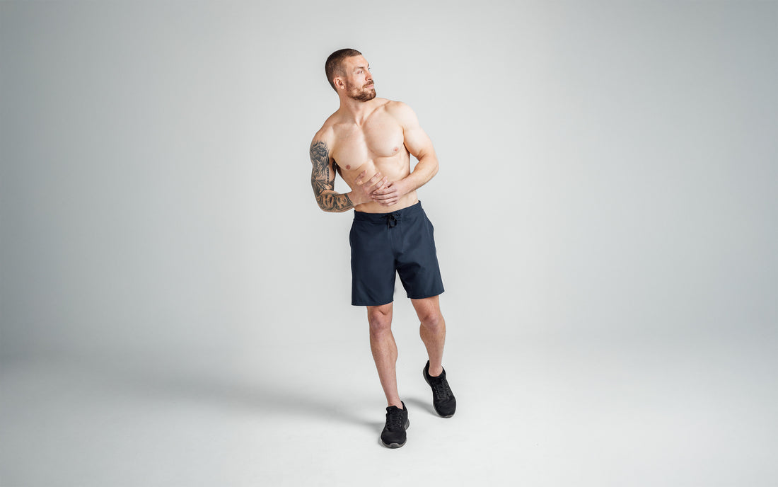 The REP Fitness Men's Pinnacle Shorts in Navy on body, front view