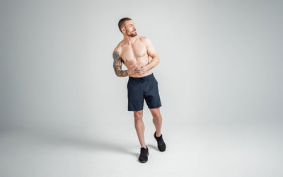 The REP Fitness Men's Pinnacle Shorts in Navy on body, front view