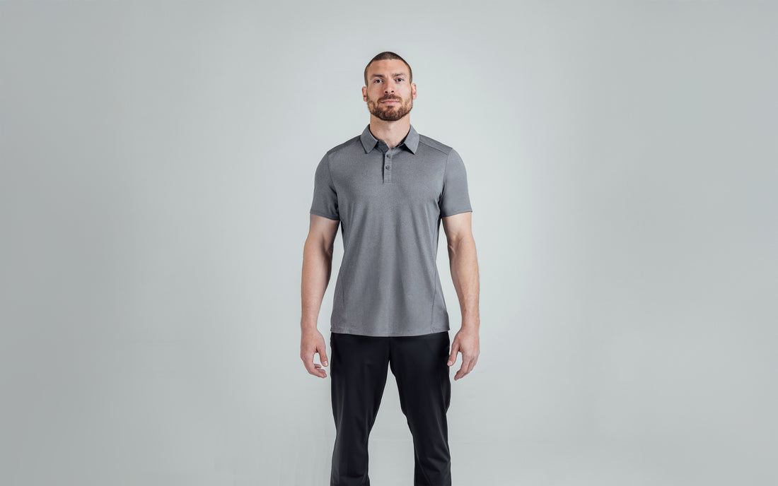 The REP Fitness Men's Audax Performance Polo in Heather Cool Gray/Black front