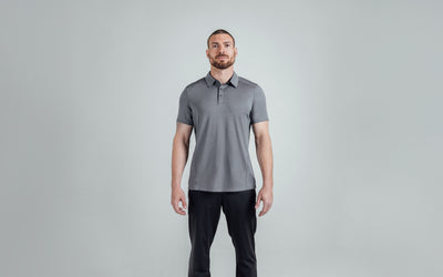 The REP Fitness Men's Audax Performance Polo in Heather Cool Gray/Black front