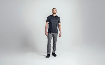 The REP Fitness Men's Audax Performance Polo in Heather Black/Cool Gray front