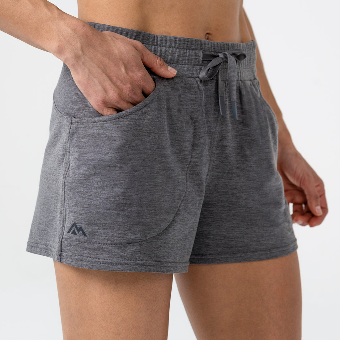 The REP Fitness Women's Vellus Shorts in Cool Gray front, pocket detail