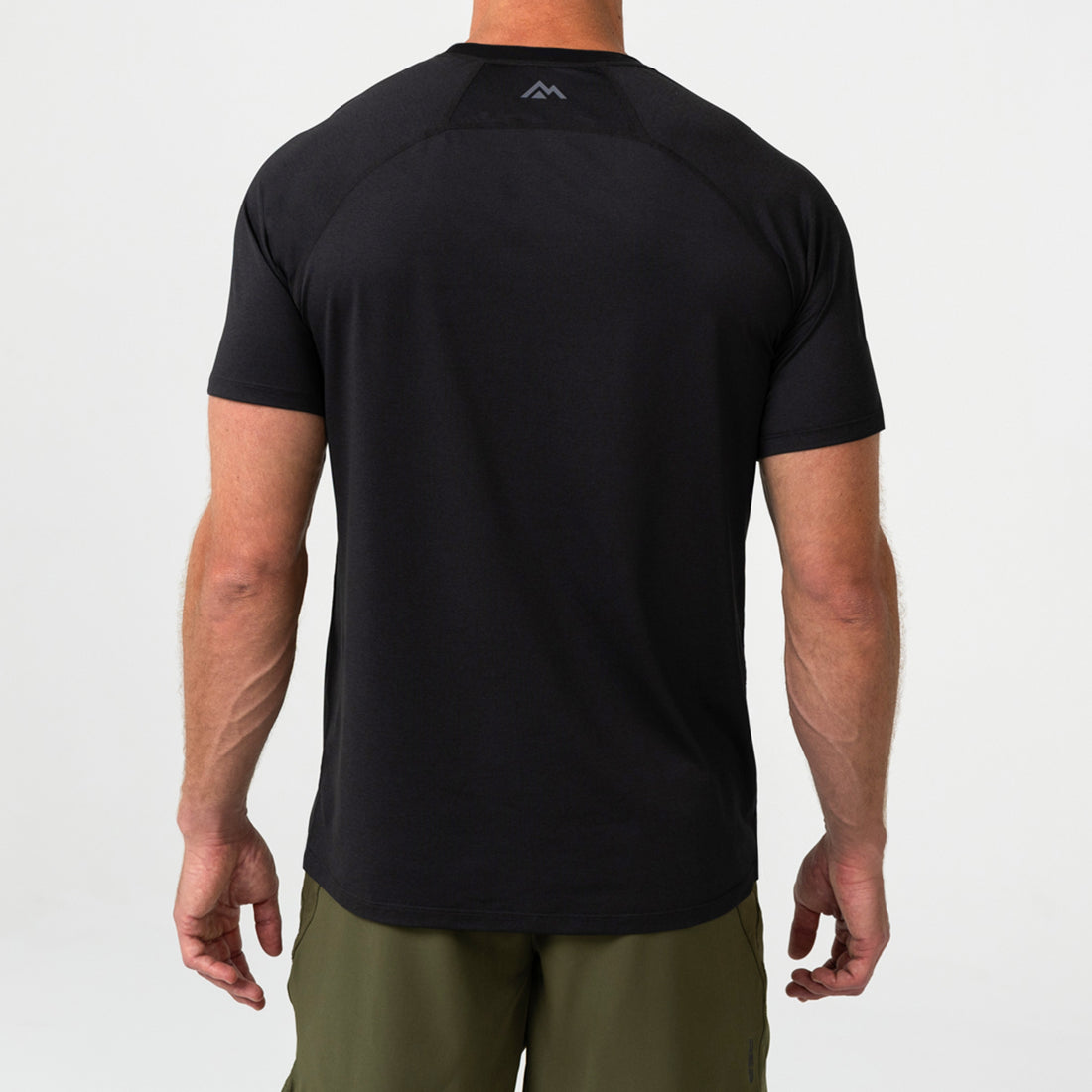 The REP Fitness Men's Aerix Tee in Heather Black back, model shot