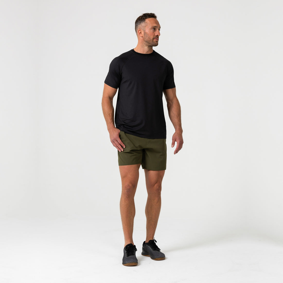 The REP Fitness Men's Aerix Tee in Heather Black front, full body