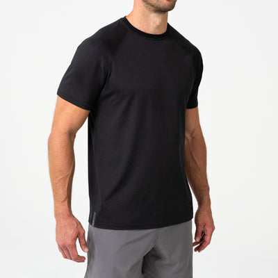 The REP Fitness Men's Aerix Tee in Heather Black front, side angle
