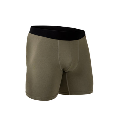 The REP Fitness Men's Foris Boxer Brief in Heather Olive front, flat shot