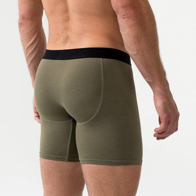 The REP Fitness Men's Foris Boxer Brief in Heather Olive back, close-up