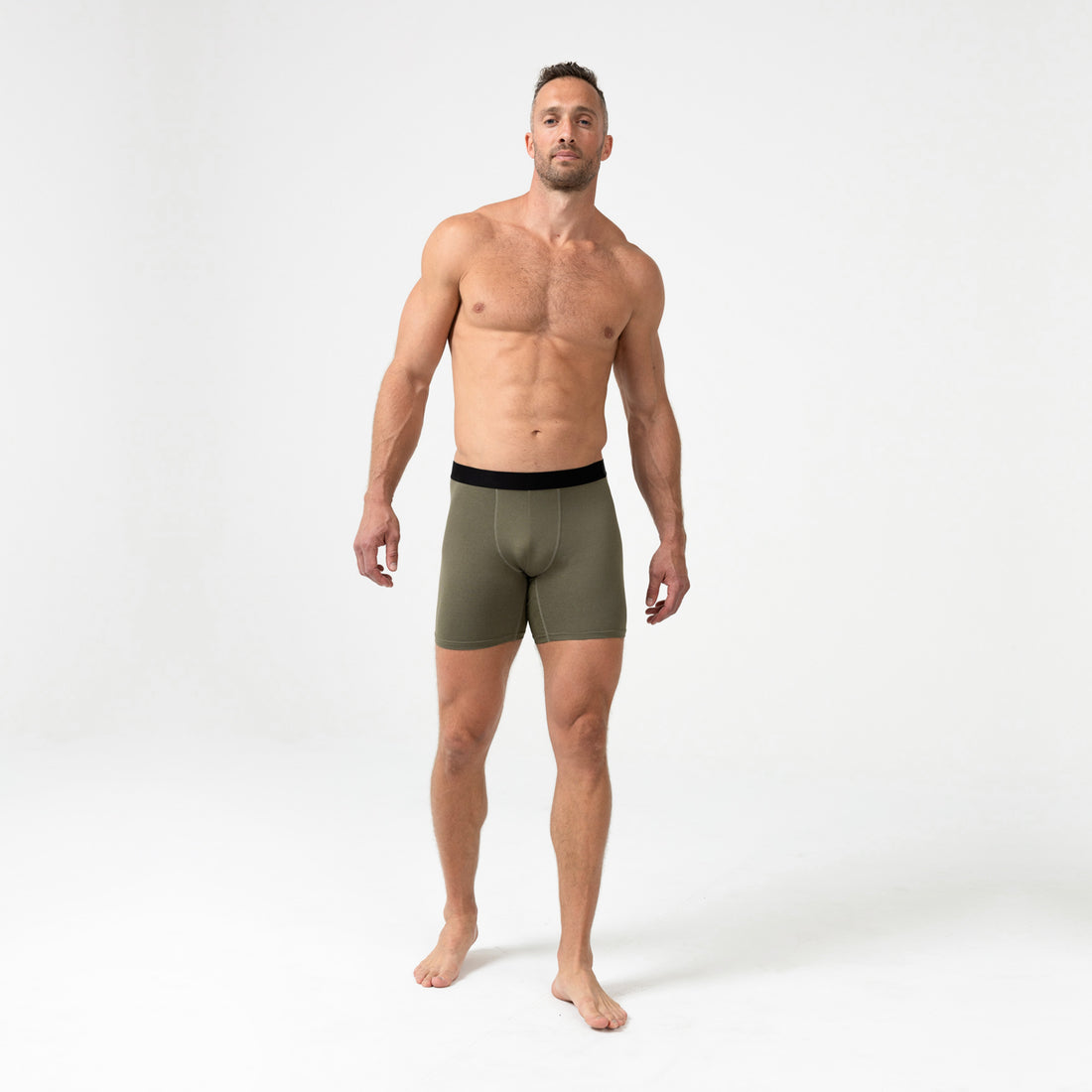 The REP Fitness Men's Foris Boxer Brief in Heather Olive front, full body