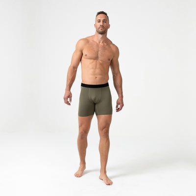 The REP Fitness Men's Foris Boxer Brief in Heather Olive front, full body