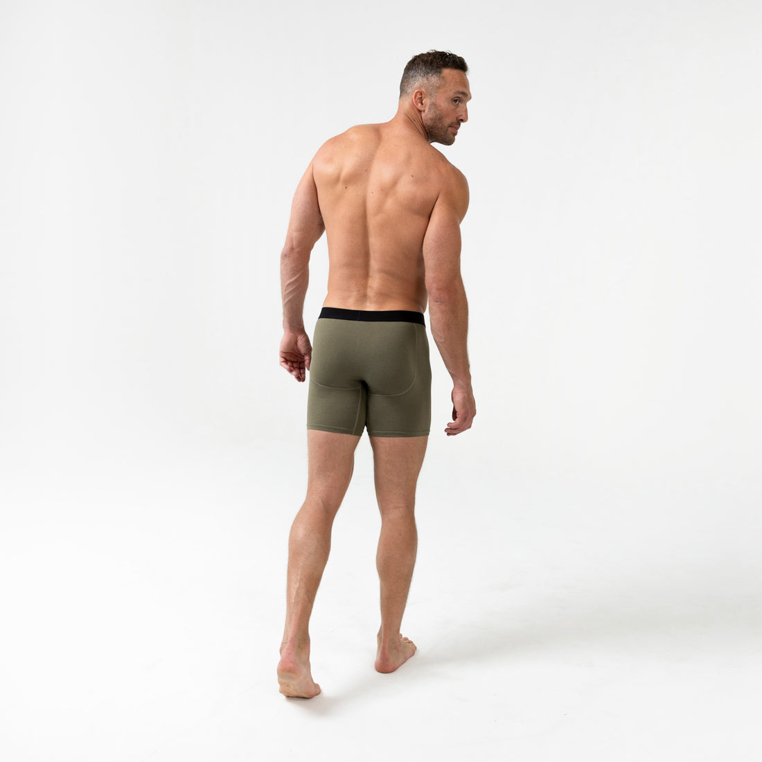 The REP Fitness Men's Foris Boxer Brief in Heather Olive back, full body