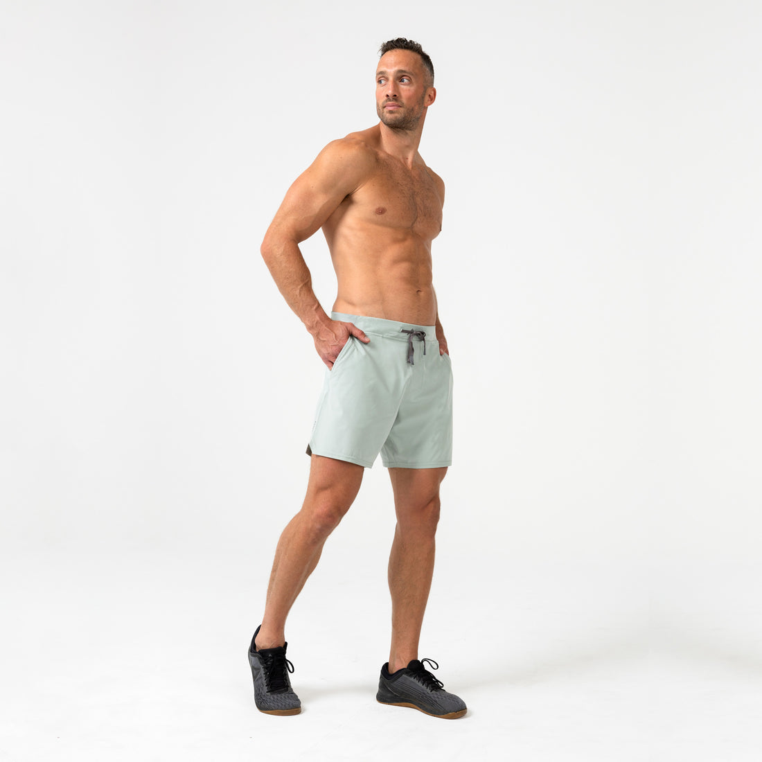 The REP Fitness Men's Pinnacle Shorts in Aqua on body, pocket detail
