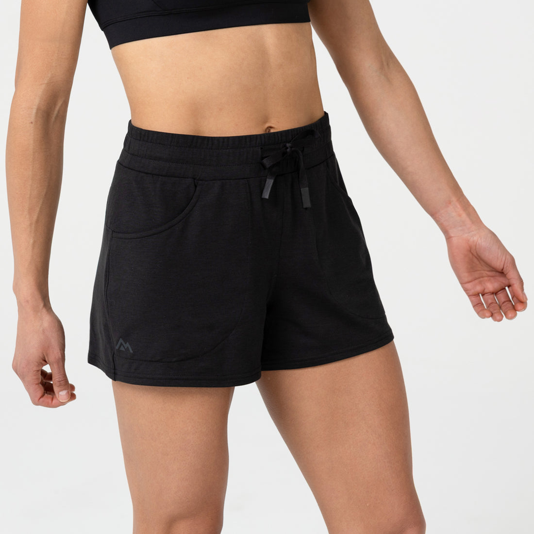 The REP Fitness Women's Vellus Shorts in Black front, hip close-up