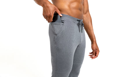 The REP Fitness Men's Attis Joggers in Heather Cool Gray front, pocket detail
