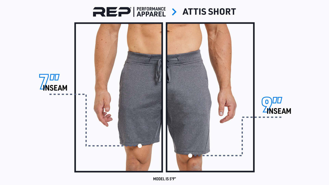 The REP Fitness Men's Attis Shorts length comparison