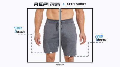 The REP Fitness Men's Attis Shorts length comparison
